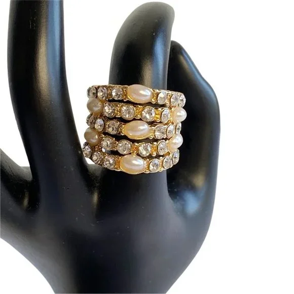 JUMBO Gold sz Various Pearl Rhinestone layered Ring - Picture 2 of 6